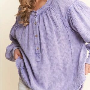 Button Down Distressed Hem Long Sleeve Top